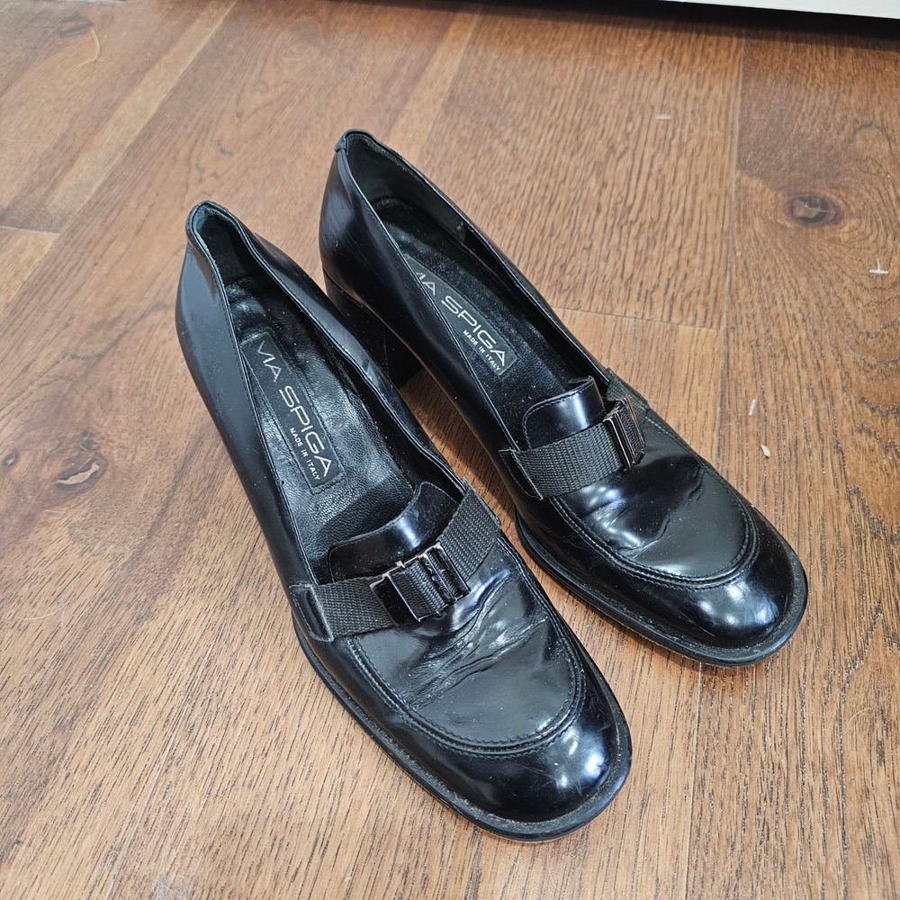 Via Spiga Black Patent Leather Mid Heel Loafers